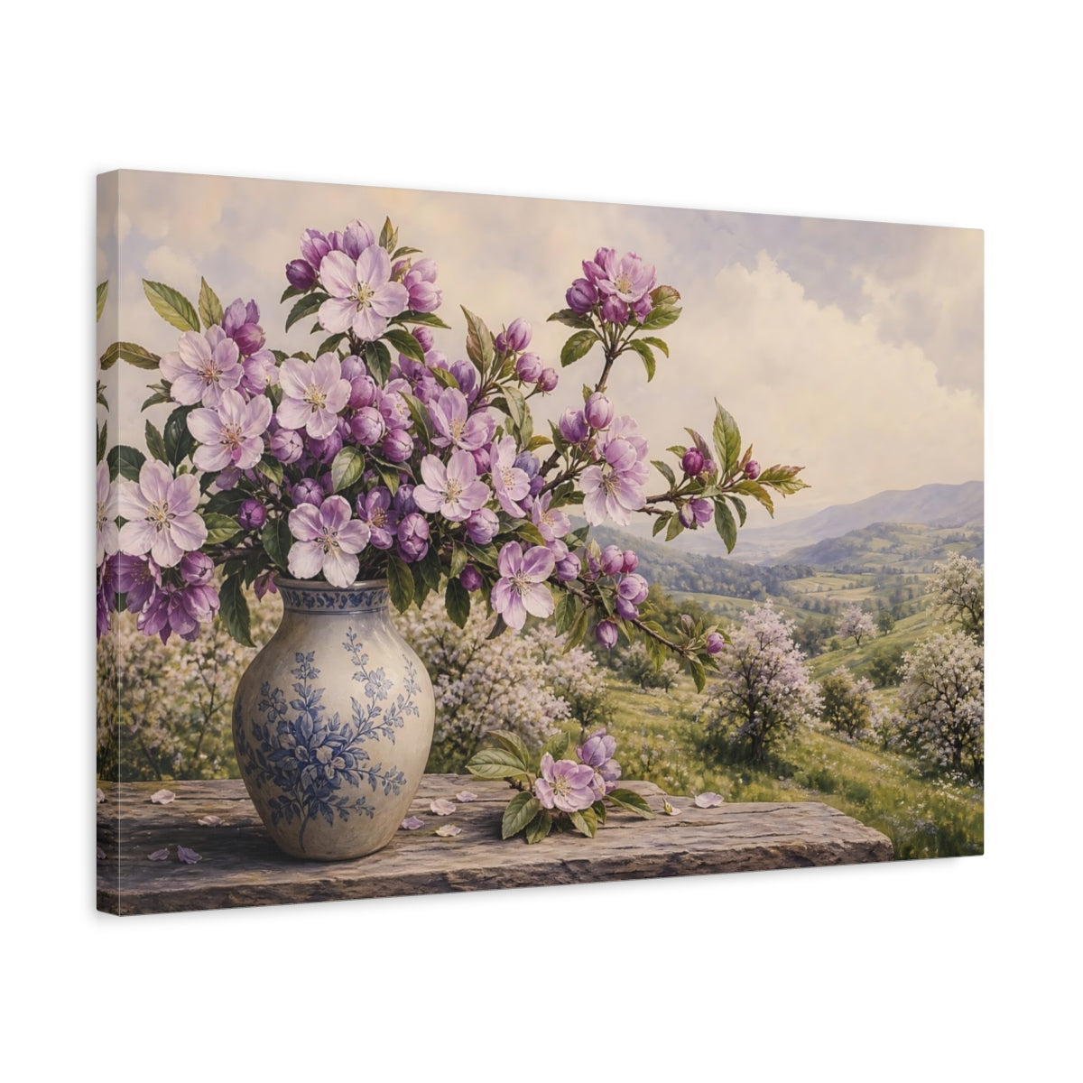 Side Mockup 3. Vintage Botanical Illustration Purple Apple Blossoms Against Spring Hillside shown as stretched canvas wall art