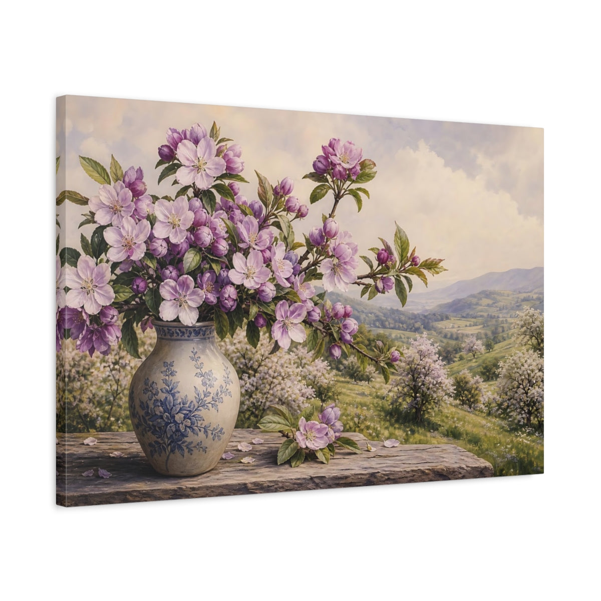 Side Mockup 2. Vintage Botanical Illustration Purple Apple Blossoms Against Spring Hillside shown as stretched canvas wall art