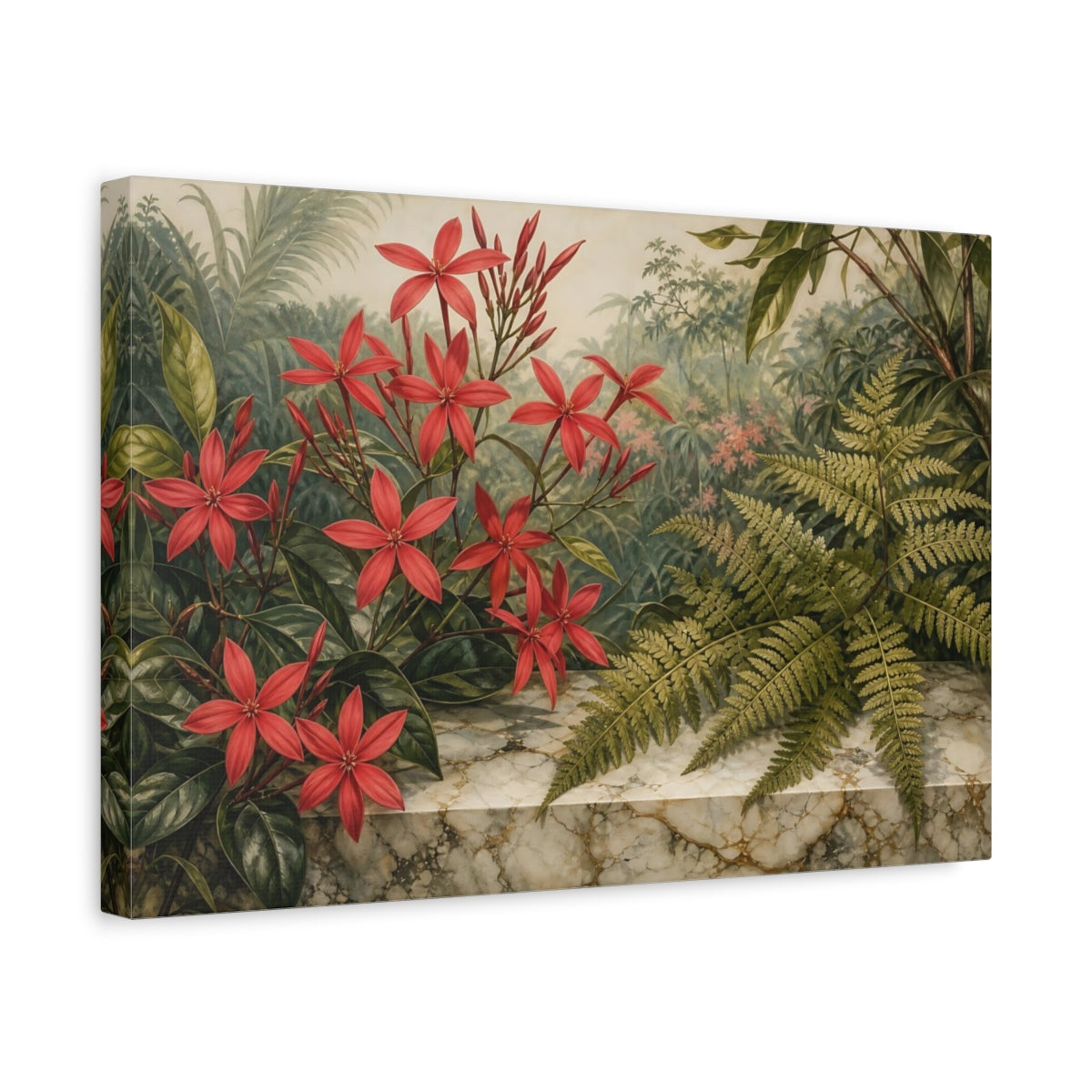 Side Mockup 4. Vintage Botanical Illustration Scarlet Jasmine Beside Fern Leaves On Marble Slab shown as stretched canvas wall art