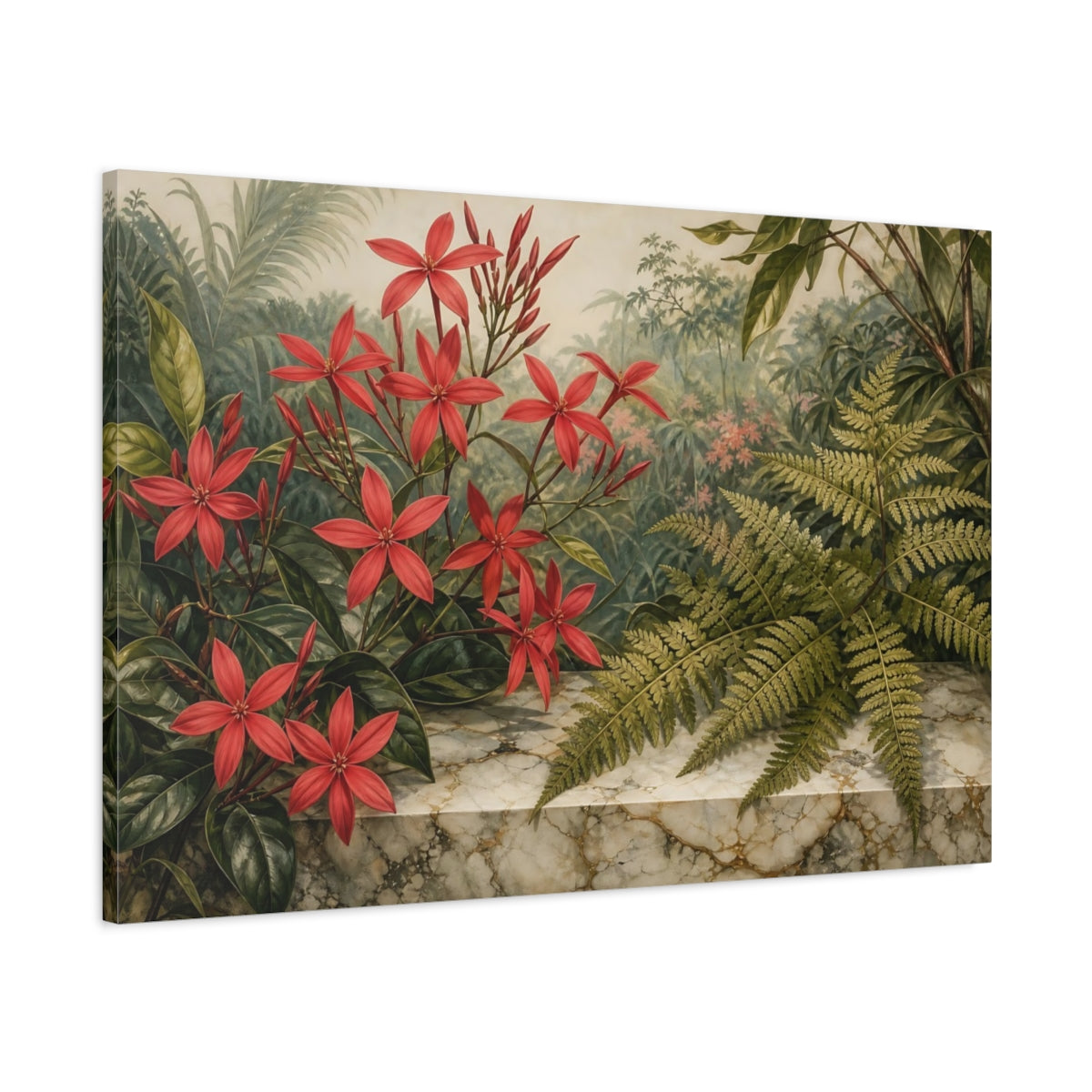 Main Mockup. Vintage Botanical Illustration Scarlet Jasmine Beside Fern Leaves On Marble Slab shown as stretched canvas wall art
