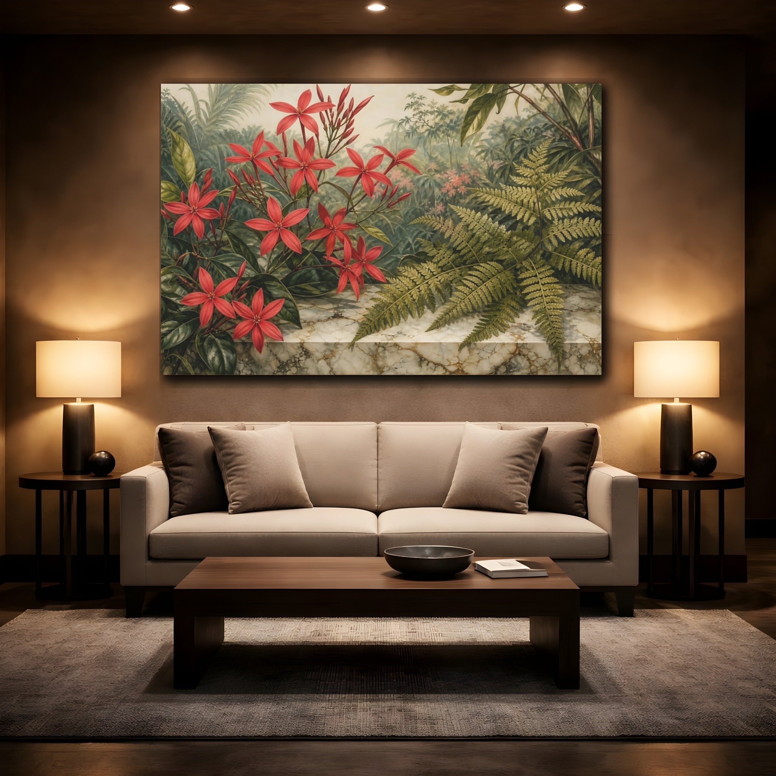 Mockup 2. Vintage Botanical Illustration Scarlet Jasmine Beside Fern Leaves On Marble Slab shown as stretched canvas wall art