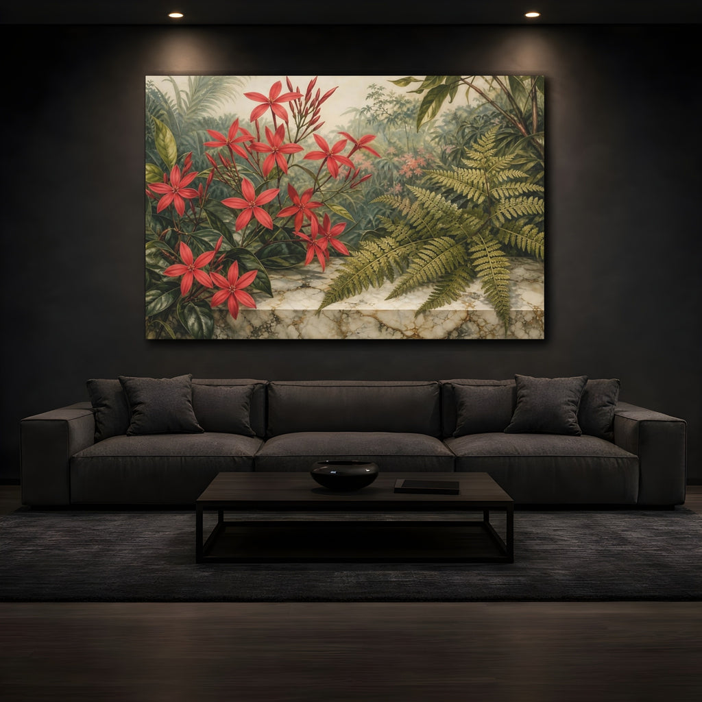 Mockup 3. Vintage Botanical Illustration Scarlet Jasmine Beside Fern Leaves On Marble Slab shown as stretched canvas wall art