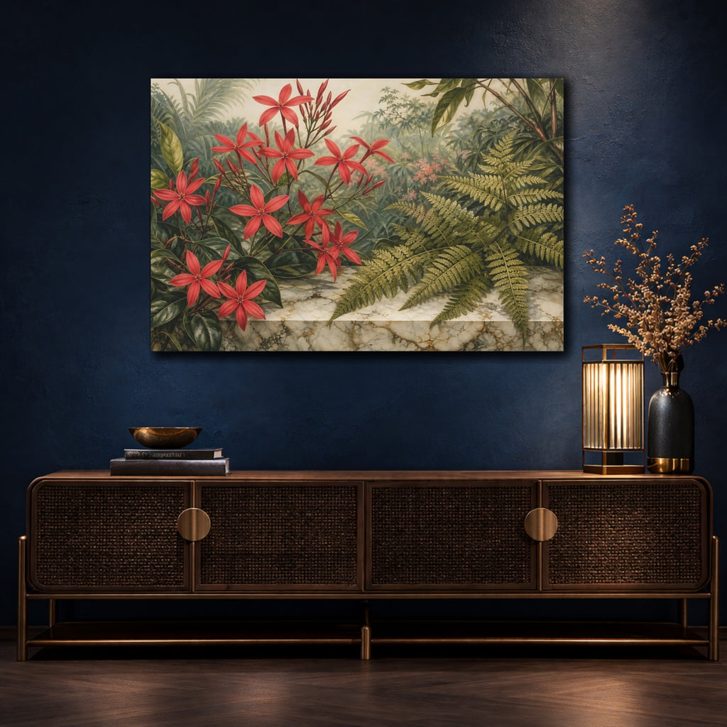 Mockup 4. Vintage Botanical Illustration Scarlet Jasmine Beside Fern Leaves On Marble Slab shown as stretched canvas wall art