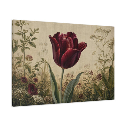 Main Mockup. Vintage Botanical Illustration Single Burgundy Tulip Against Linen Cloth shown as stretched canvas wall art