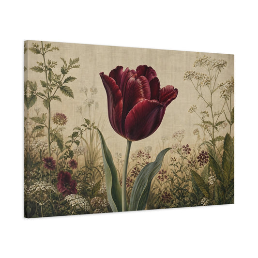 Main Mockup. Vintage Botanical Illustration Single Burgundy Tulip Against Linen Cloth shown as stretched canvas wall art