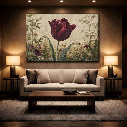 Mockup 2. Vintage Botanical Illustration Single Burgundy Tulip Against Linen Cloth shown as stretched canvas wall art