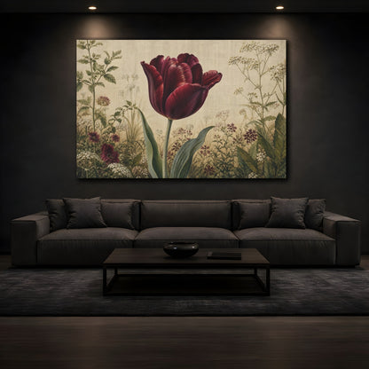 Mockup 3. Vintage Botanical Illustration Single Burgundy Tulip Against Linen Cloth shown as stretched canvas wall art