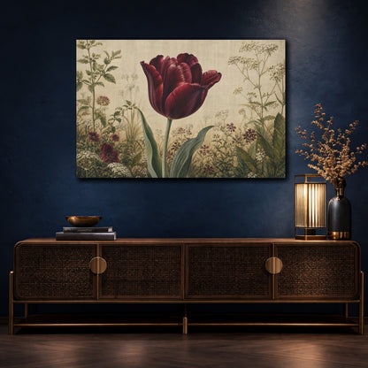 Mockup 4. Vintage Botanical Illustration Single Burgundy Tulip Against Linen Cloth shown as stretched canvas wall art