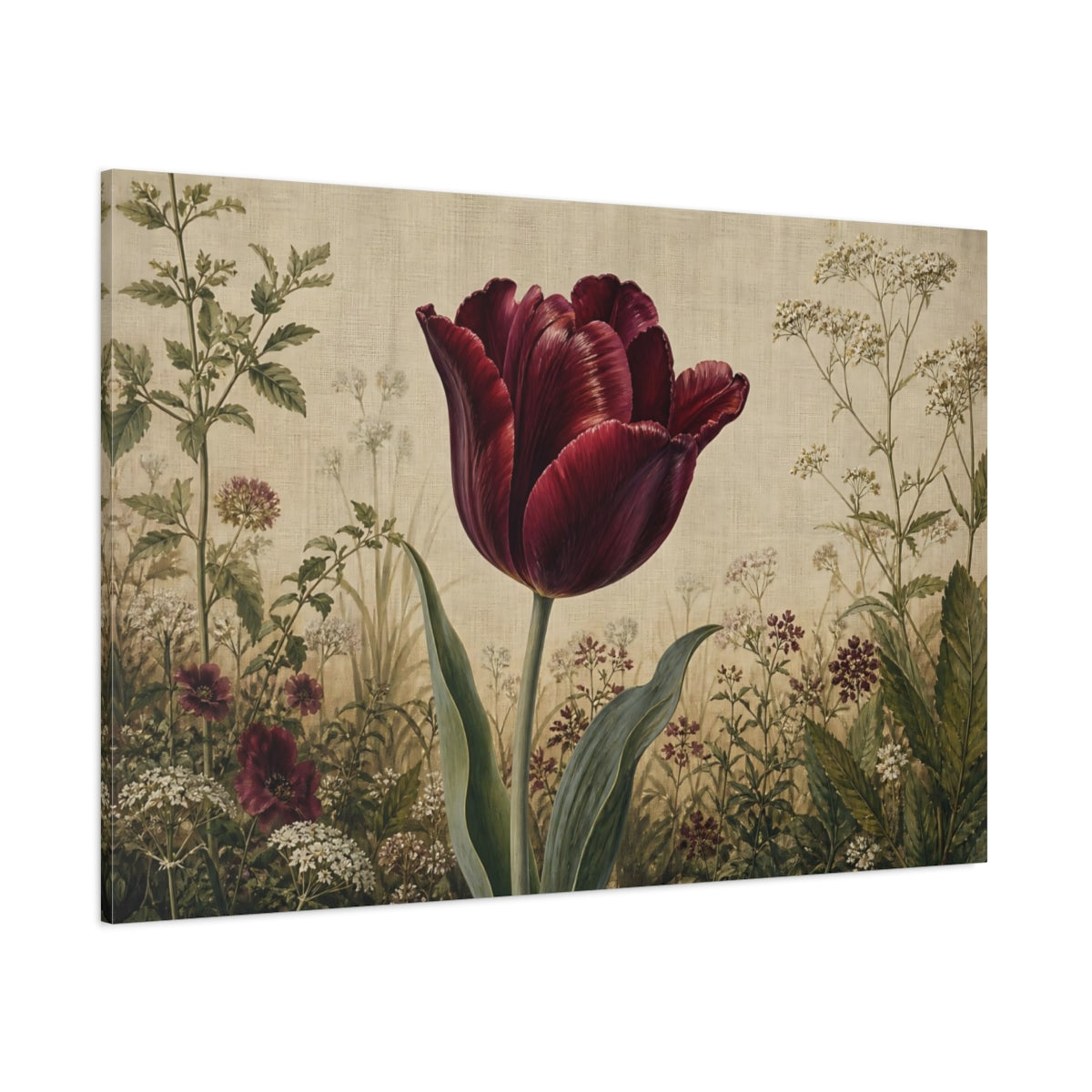 Side Mockup 1. Vintage Botanical Illustration Single Burgundy Tulip Against Linen Cloth shown as stretched canvas wall art