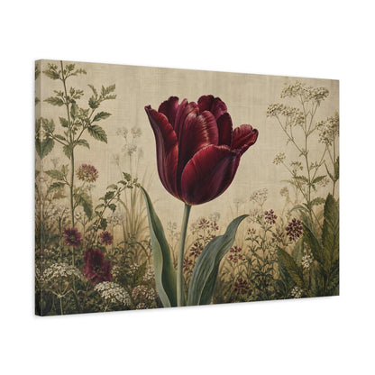 Side Mockup 2. Vintage Botanical Illustration Single Burgundy Tulip Against Linen Cloth shown as stretched canvas wall art