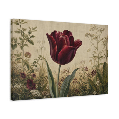 Side Mockup 3. Vintage Botanical Illustration Single Burgundy Tulip Against Linen Cloth shown as stretched canvas wall art