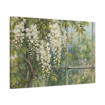 Main Mockup. Vintage Botanical Illustration White Wisteria Vines Against Rain Streaked Window shown as stretched canvas wall art