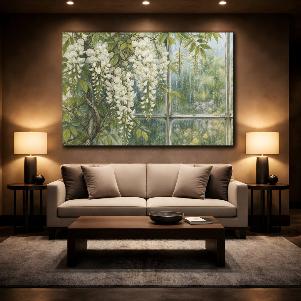 Mockup 2. Vintage Botanical Illustration White Wisteria Vines Against Rain Streaked Window shown as stretched canvas wall art