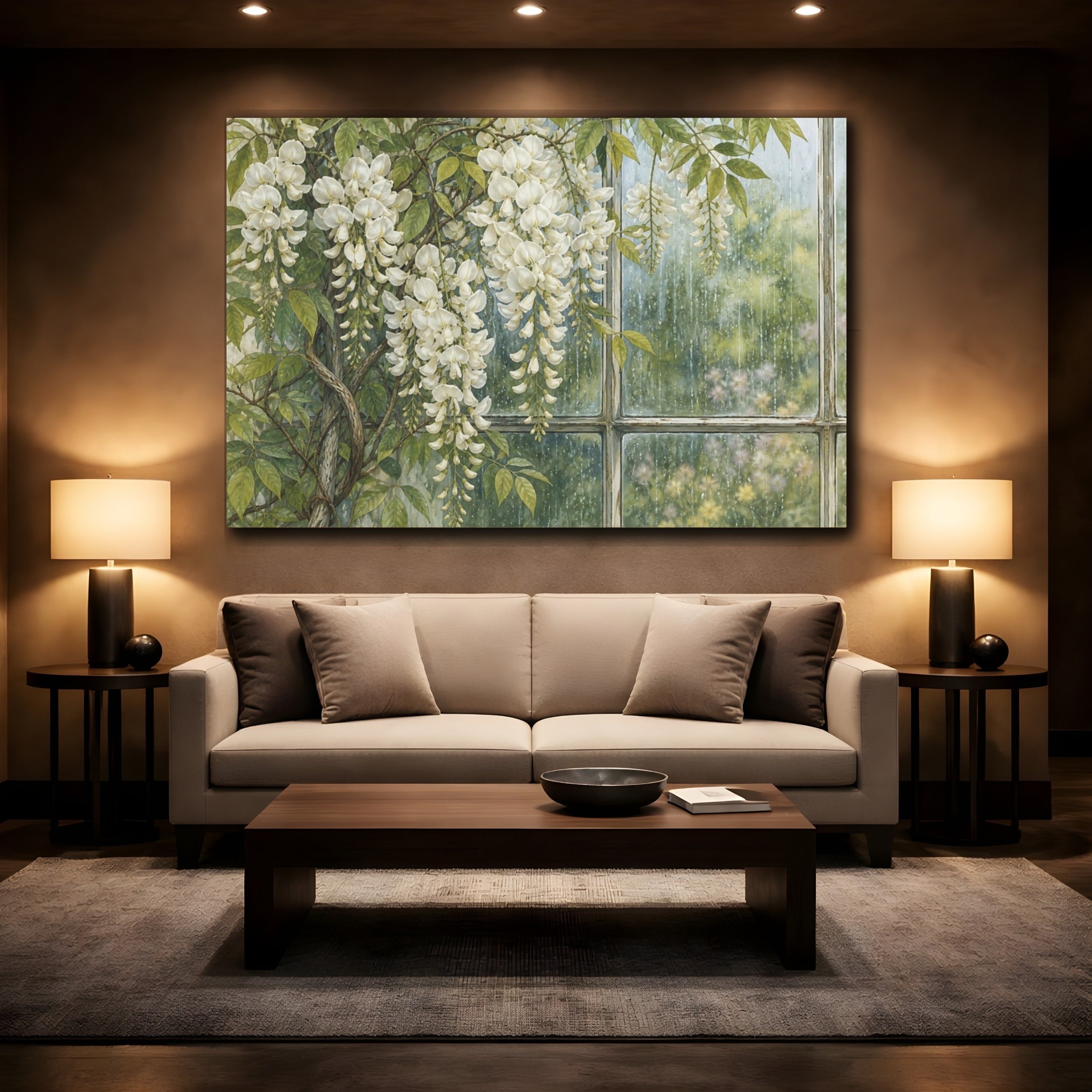 Mockup 2. Vintage Botanical Illustration White Wisteria Vines Against Rain Streaked Window shown as stretched canvas wall art