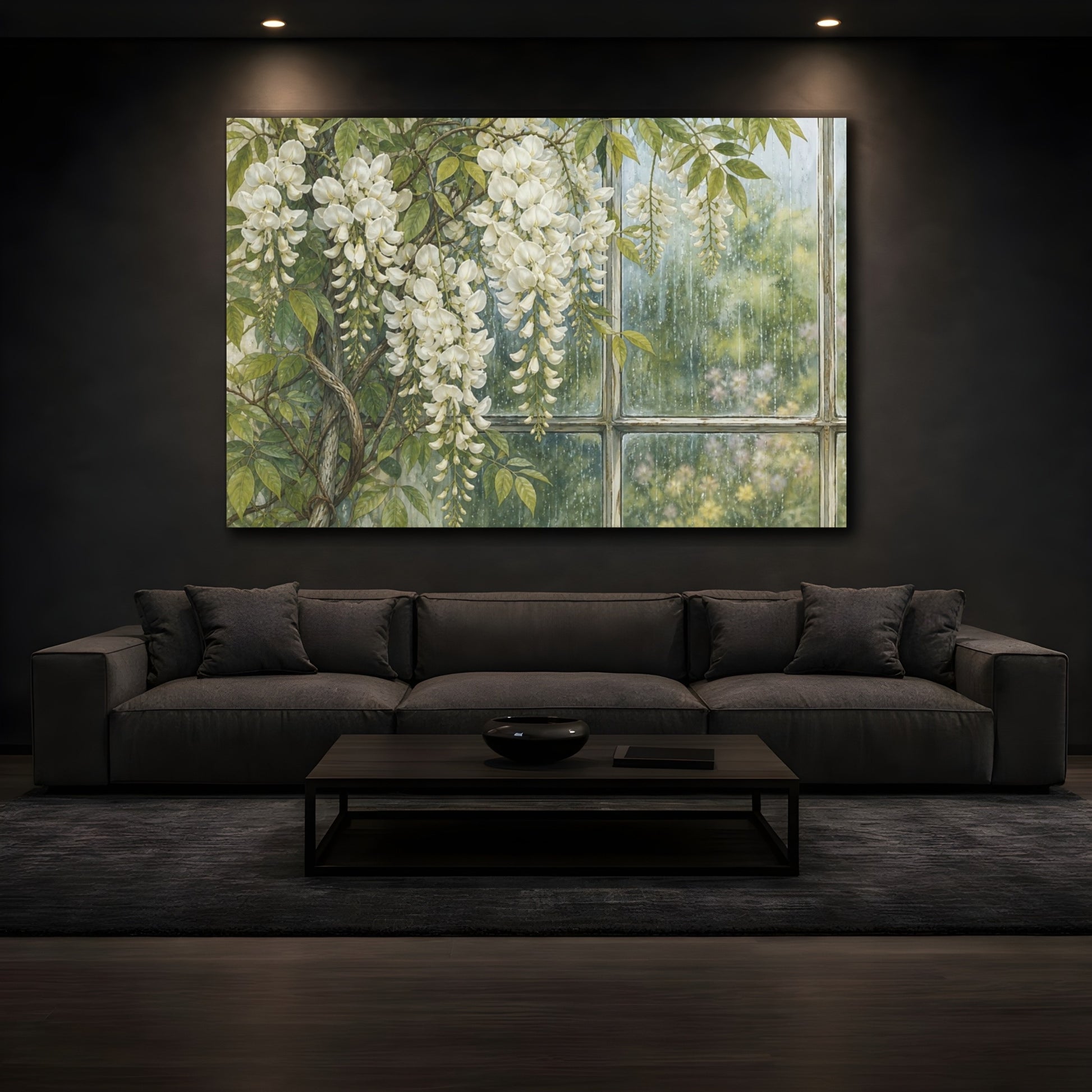 Mockup 3. Vintage Botanical Illustration White Wisteria Vines Against Rain Streaked Window shown as stretched canvas wall art