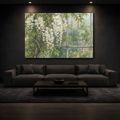Mockup 3. Vintage Botanical Illustration White Wisteria Vines Against Rain Streaked Window shown as stretched canvas wall art