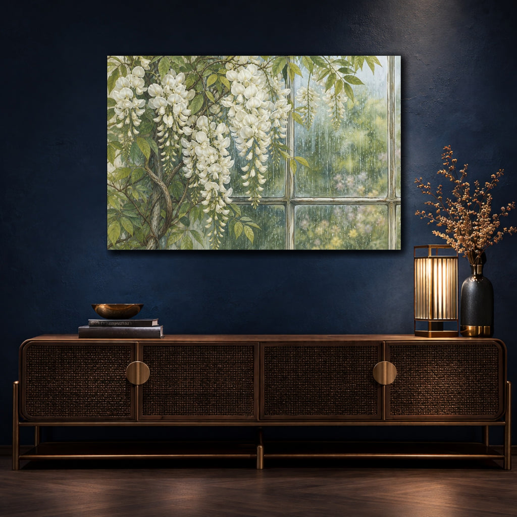Mockup 4. Vintage Botanical Illustration White Wisteria Vines Against Rain Streaked Window shown as stretched canvas wall art