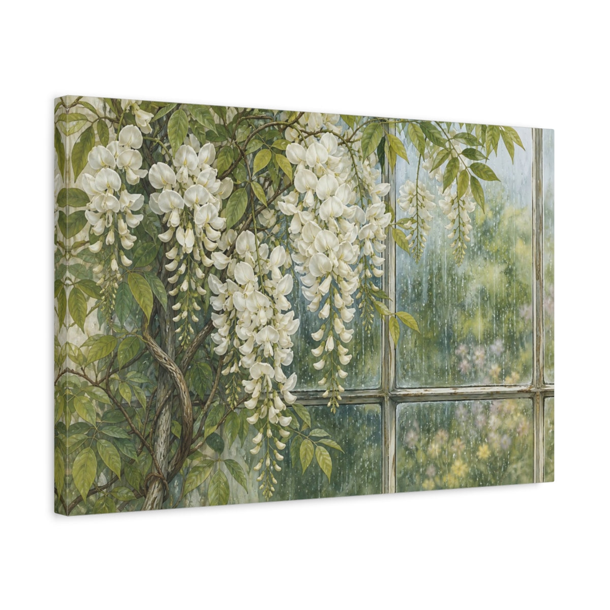 Side Mockup 3. Vintage Botanical Illustration White Wisteria Vines Against Rain Streaked Window shown as stretched canvas wall art