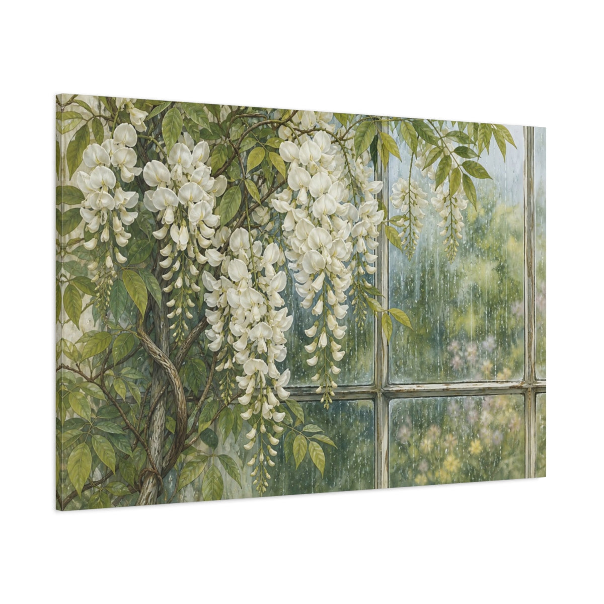 Side Mockup 1. Vintage Botanical Illustration White Wisteria Vines Against Rain Streaked Window shown as stretched canvas wall art