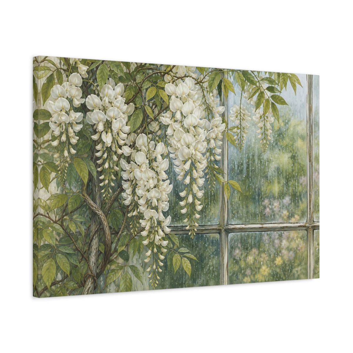 Side Mockup 2. Vintage Botanical Illustration White Wisteria Vines Against Rain Streaked Window shown as stretched canvas wall art