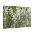 Side Mockup 4. Vintage Botanical Illustration White Wisteria Vines Against Rain Streaked Window shown as stretched canvas wall art