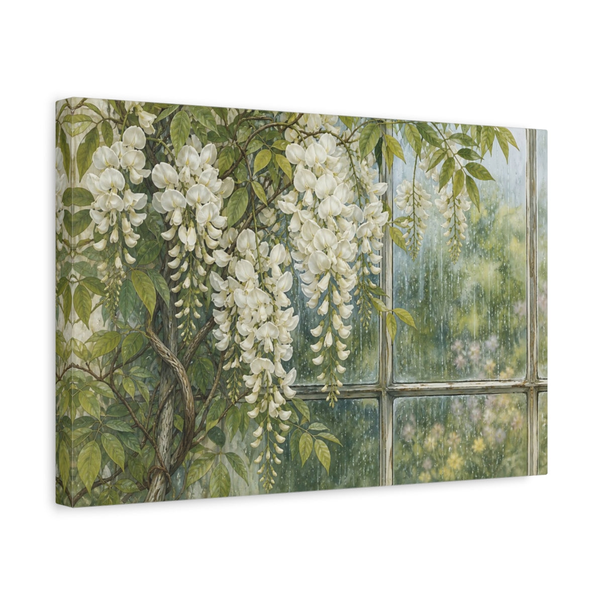 Side Mockup 4. Vintage Botanical Illustration White Wisteria Vines Against Rain Streaked Window shown as stretched canvas wall art