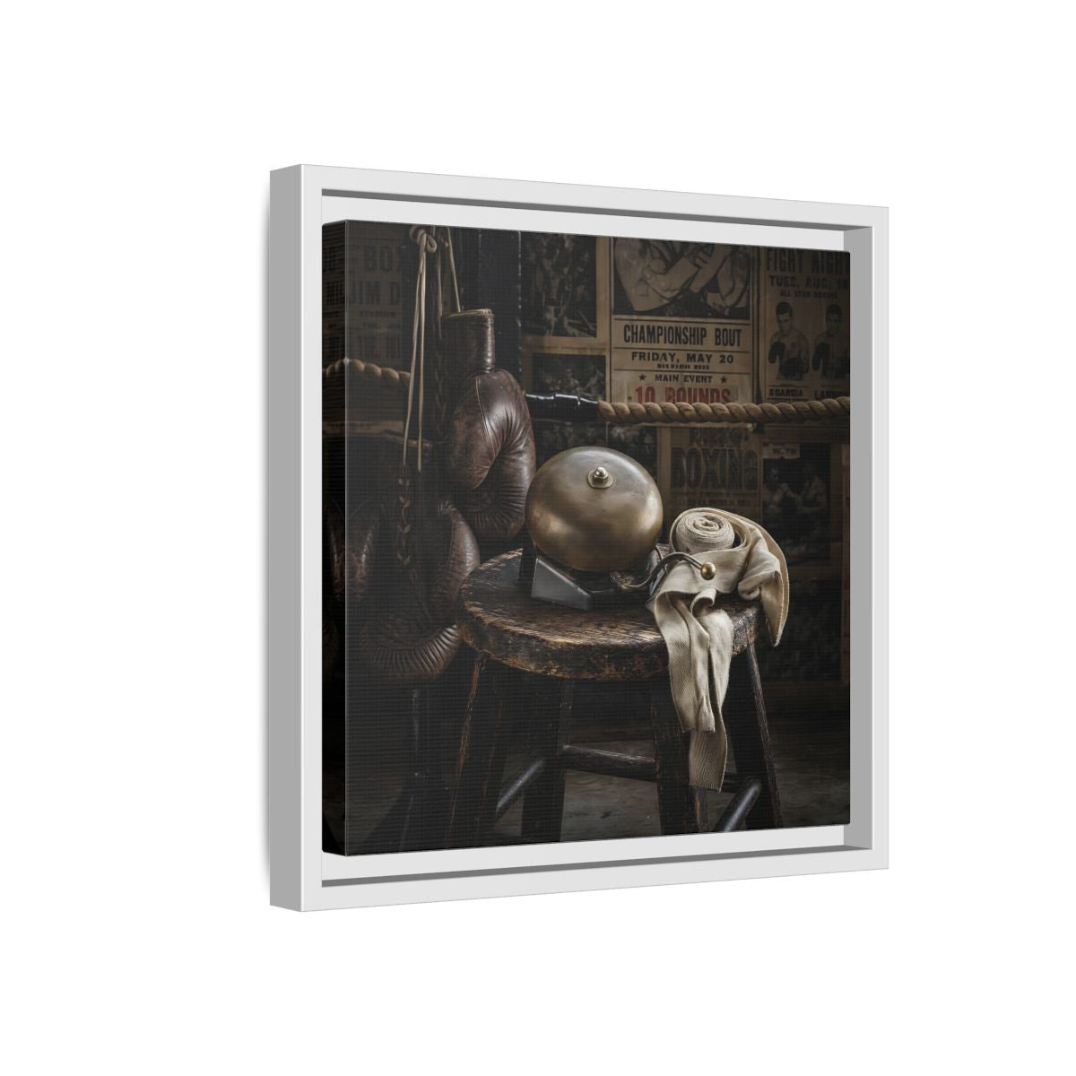 Side Mockup 16. Vintage Boxing Gym Still Life shown as framed canvas print