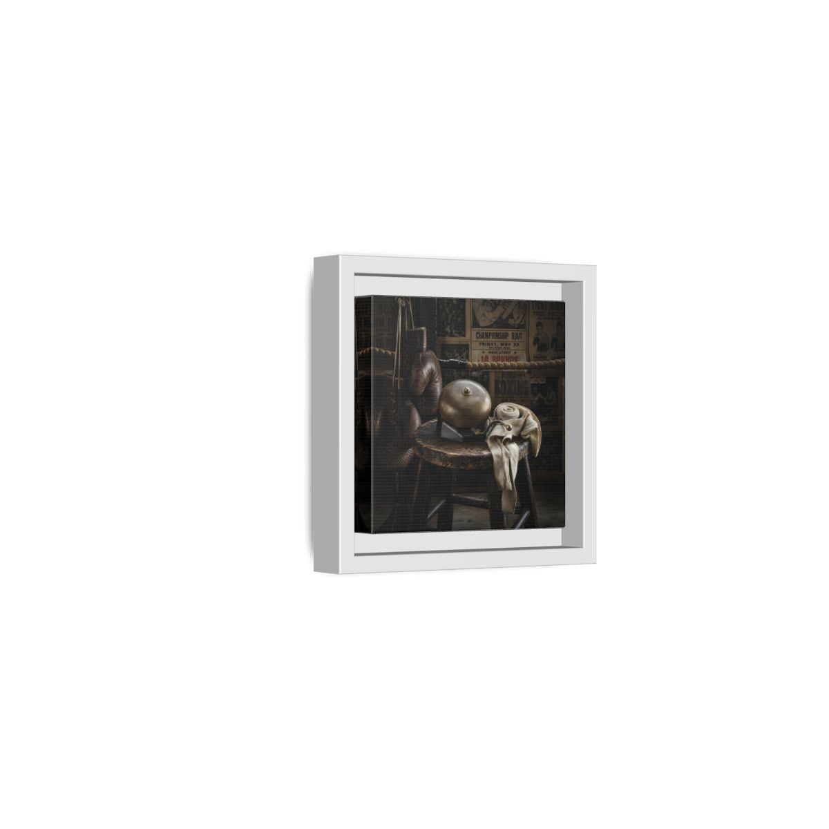 Side Mockup 22. Vintage Boxing Gym Still Life shown as framed canvas print