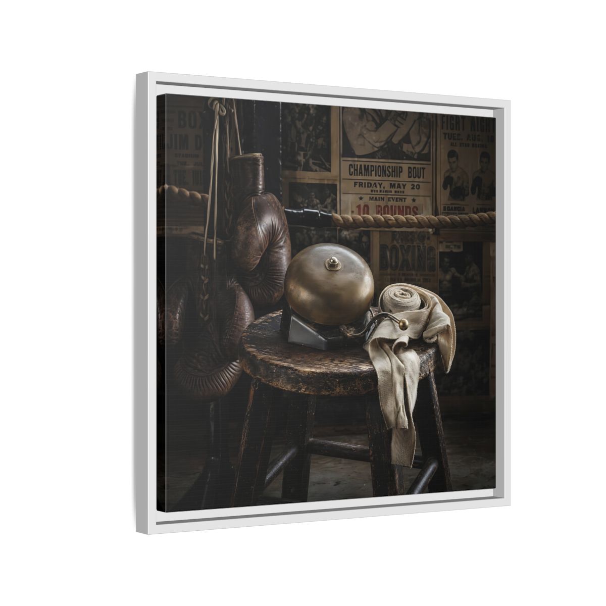 Side Mockup 10. Vintage Boxing Gym Still Life shown as framed canvas print