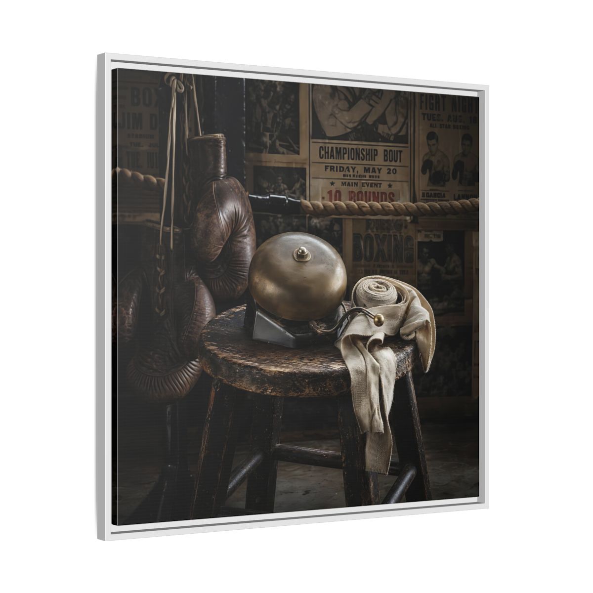 Side Mockup 25. Vintage Boxing Gym Still Life shown as framed canvas print