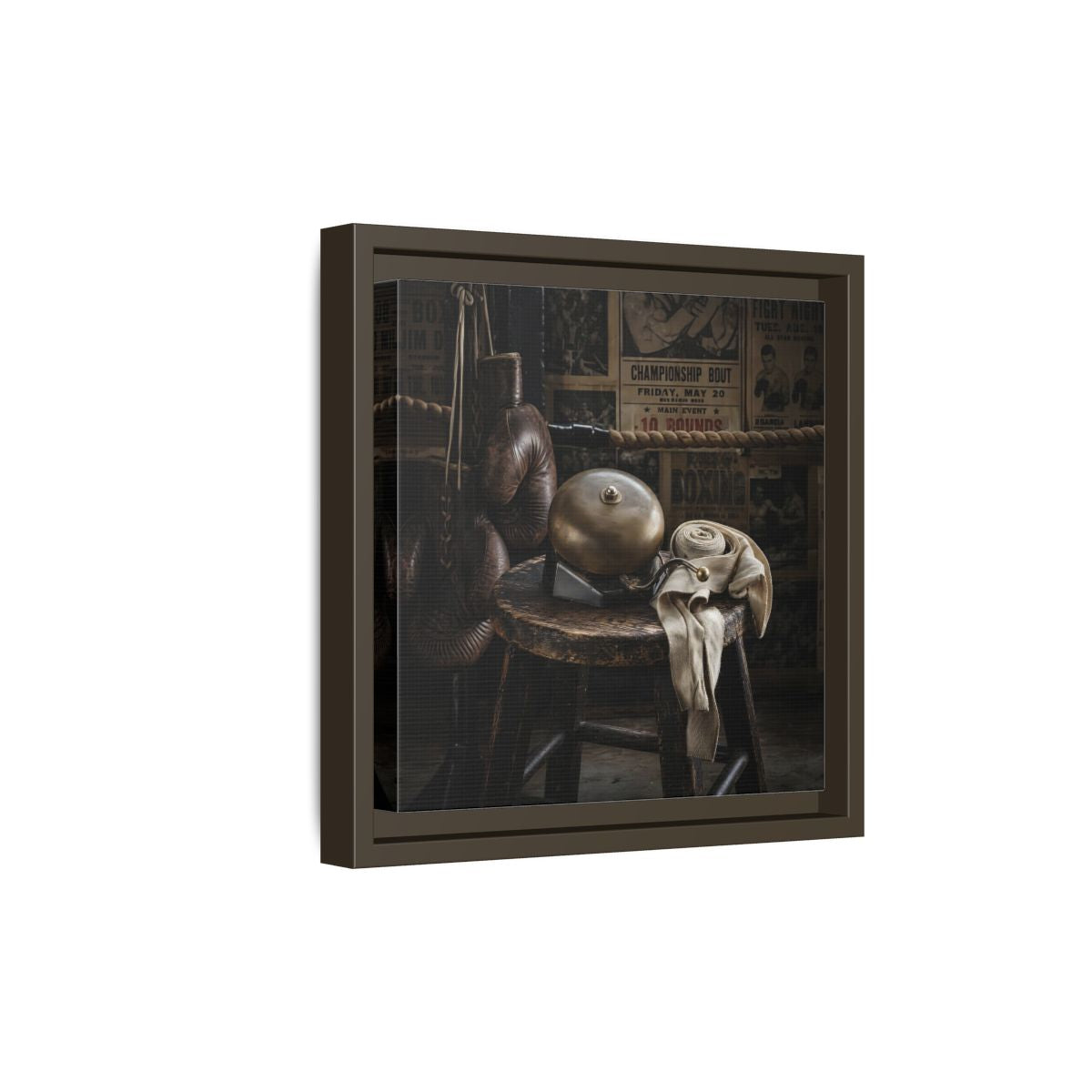 Side Mockup 20. Vintage Boxing Gym Still Life shown as framed canvas print
