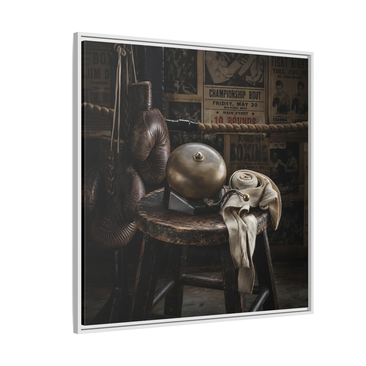 Side Mockup 4. Vintage Boxing Gym Still Life shown as framed canvas print