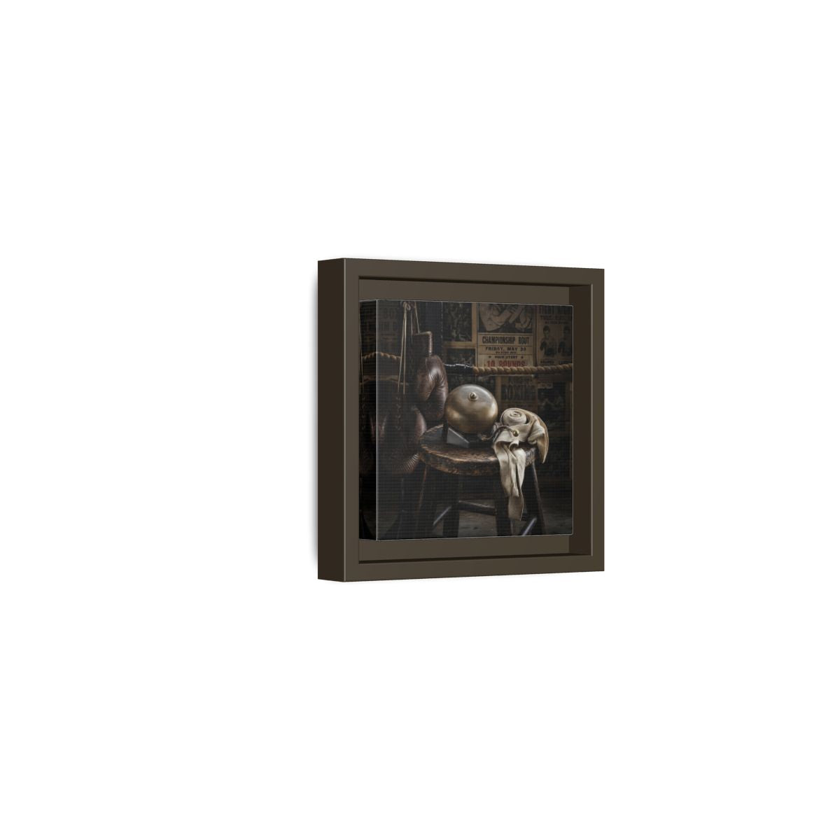 Side Mockup 23. Vintage Boxing Gym Still Life shown as framed canvas print