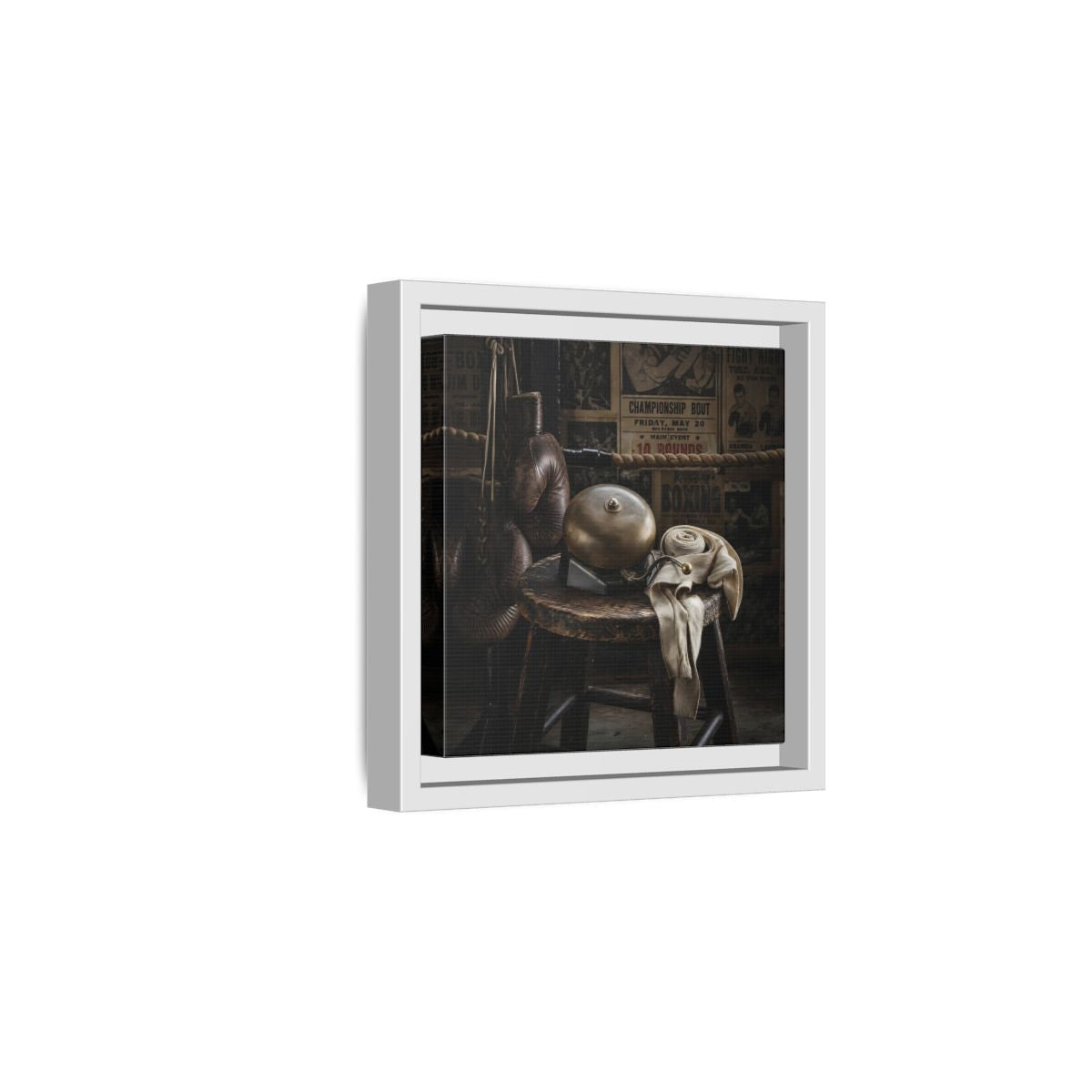 Side Mockup 1. Vintage Boxing Gym Still Life shown as framed canvas print