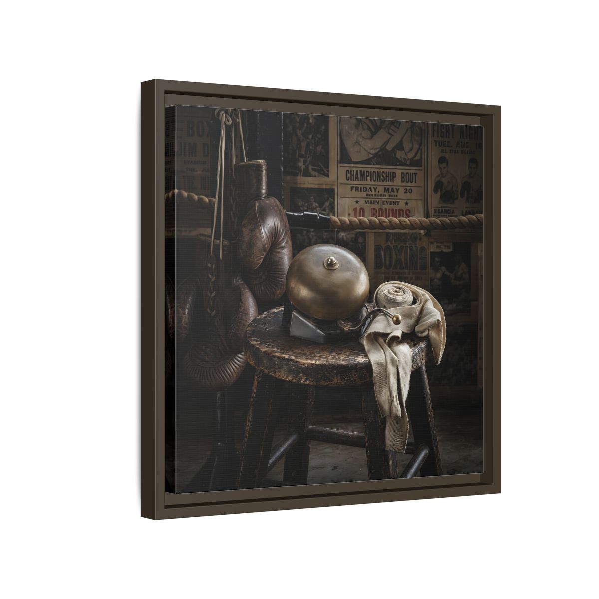 Side Mockup 14. Vintage Boxing Gym Still Life shown as framed canvas print