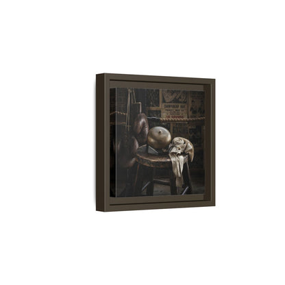 Side Mockup 2. Vintage Boxing Gym Still Life shown as framed canvas print