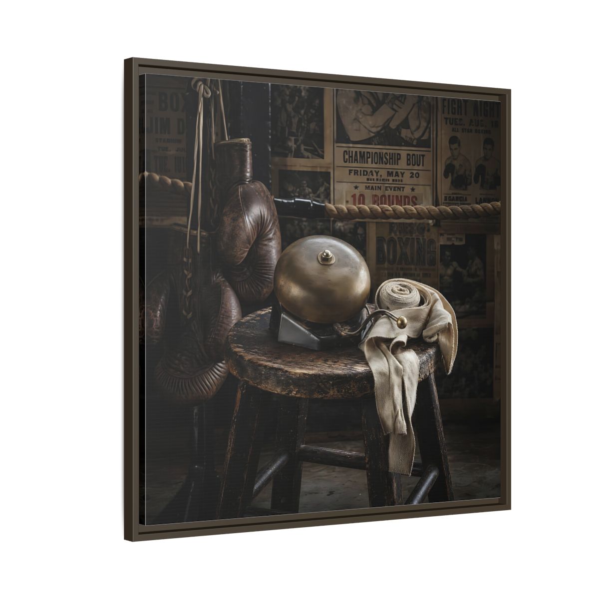 Side Mockup 8. Vintage Boxing Gym Still Life shown as framed canvas print