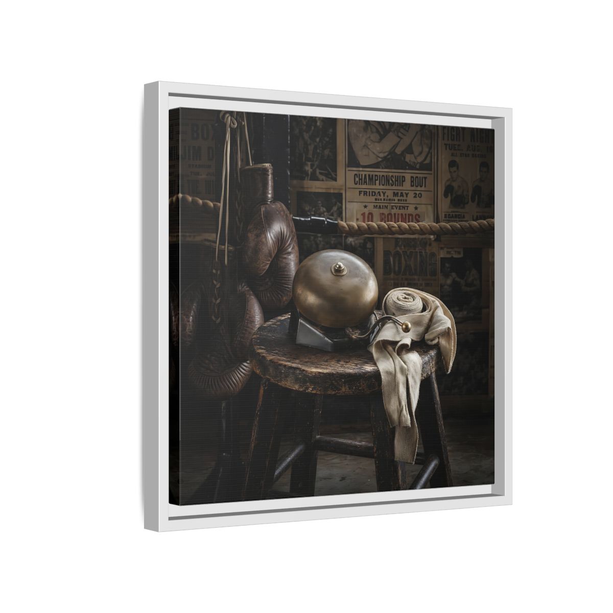 Side Mockup 13. Vintage Boxing Gym Still Life shown as framed canvas print