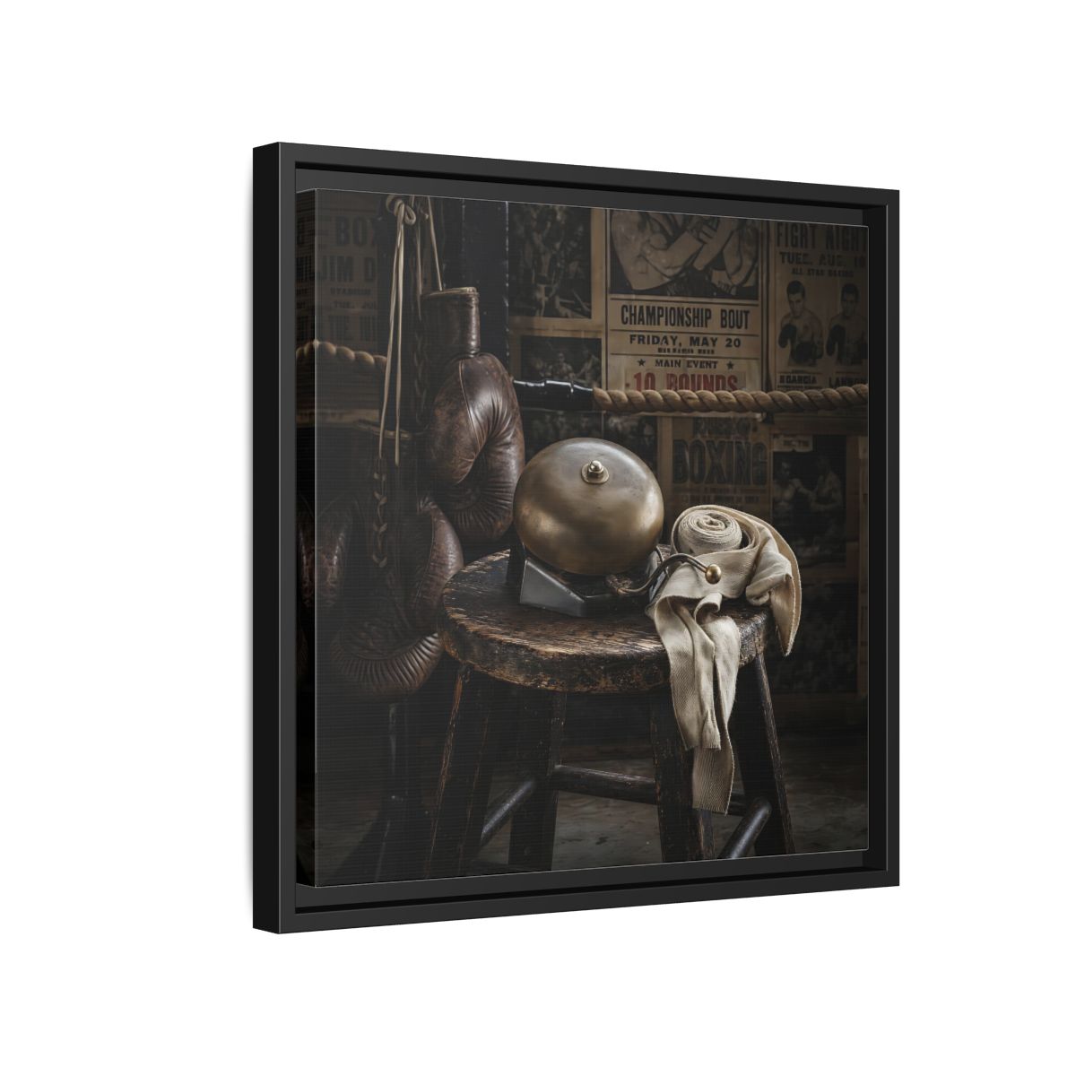 Side Mockup 15. Vintage Boxing Gym Still Life shown as framed canvas print