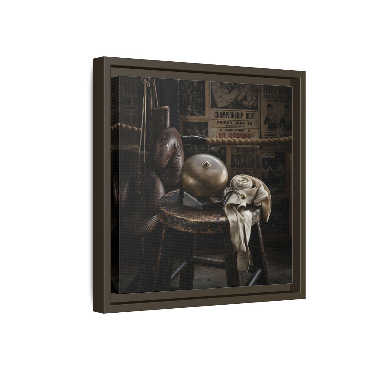 Side Mockup 17. Vintage Boxing Gym Still Life shown as framed canvas print