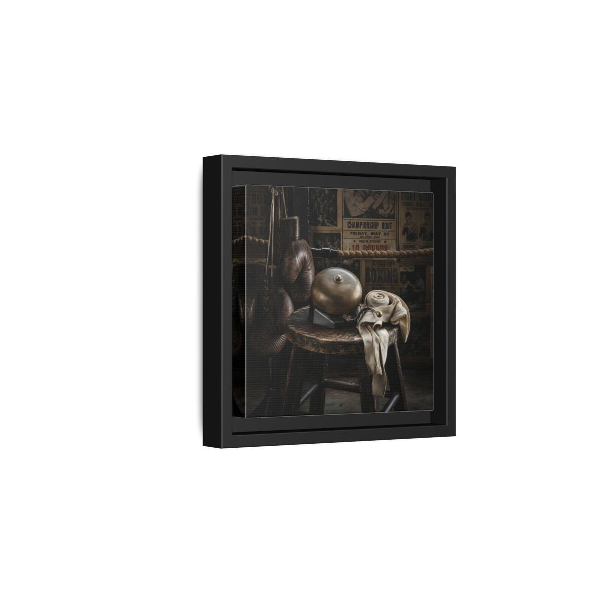 Side Mockup 3. Vintage Boxing Gym Still Life shown as framed canvas print