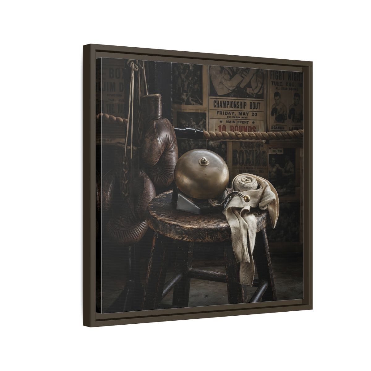 Side Mockup 11. Vintage Boxing Gym Still Life shown as framed canvas print