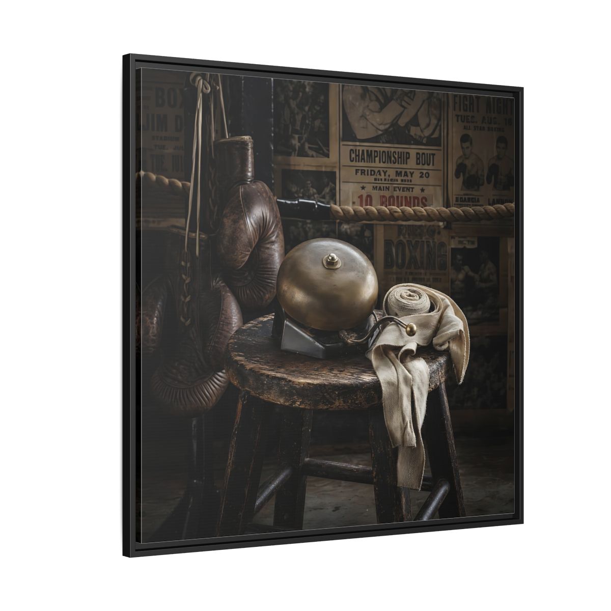 Side Mockup 6. Vintage Boxing Gym Still Life shown as framed canvas print