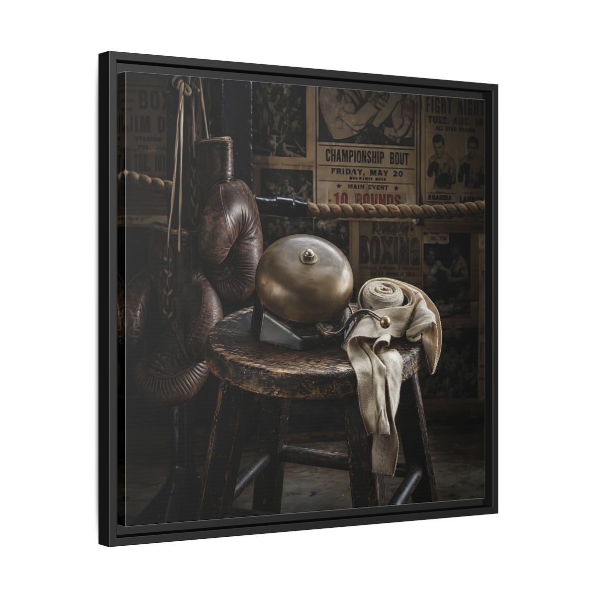 Side Mockup 31. Vintage Boxing Gym Still Life shown as framed canvas print