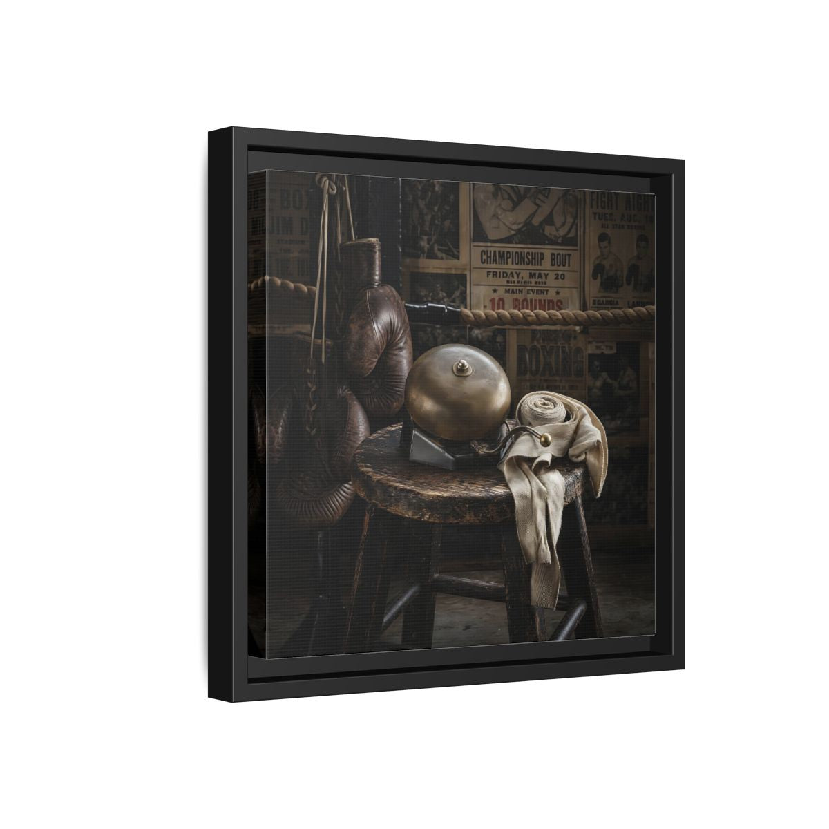 Side Mockup 18. Vintage Boxing Gym Still Life shown as framed canvas print