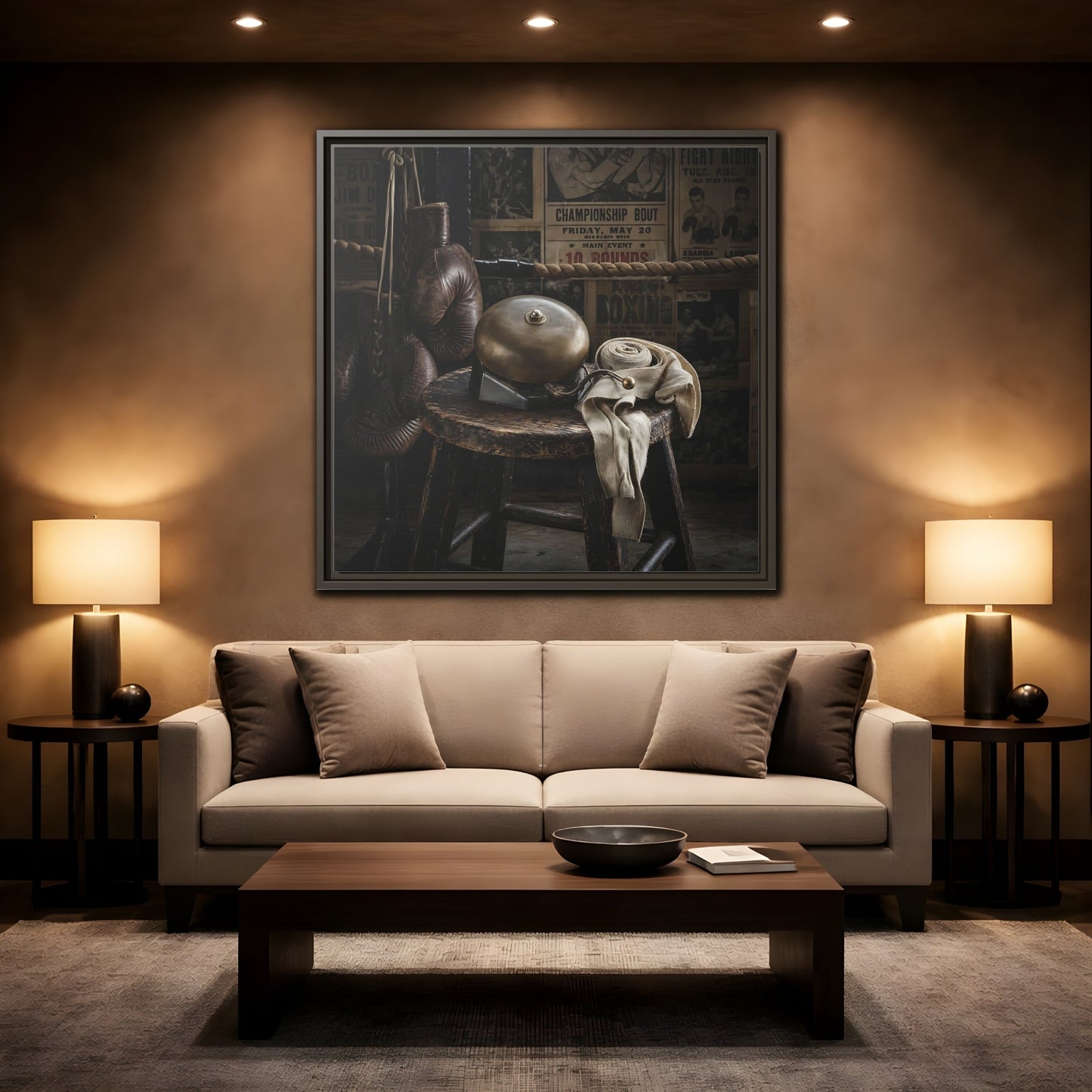 Mockup 2. Vintage Boxing Gym Still Life shown as framed canvas print
