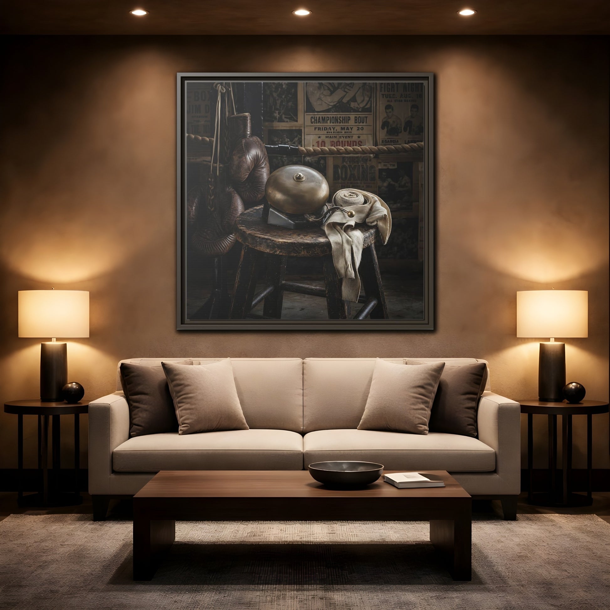 Mockup 2. Vintage Boxing Gym Still Life shown as framed canvas print