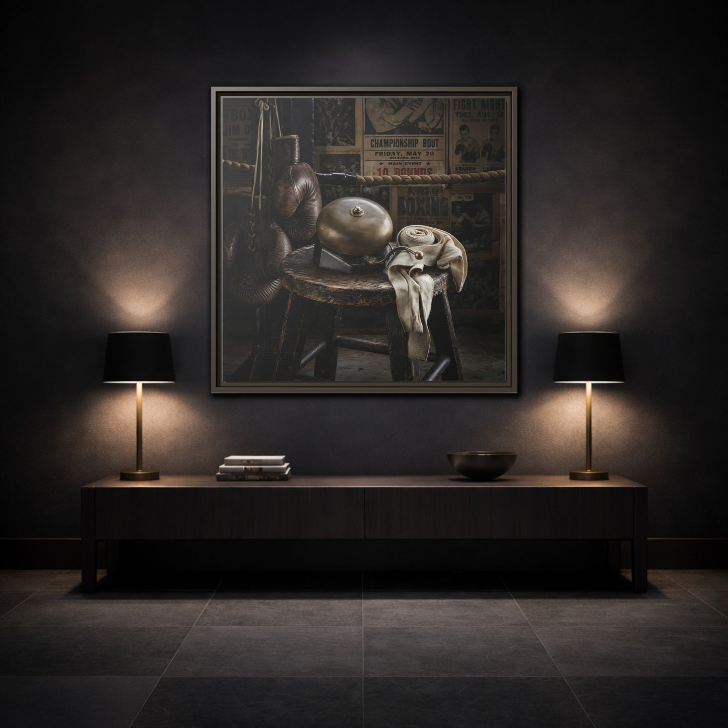 Mockup 3. Vintage Boxing Gym Still Life shown as framed canvas print