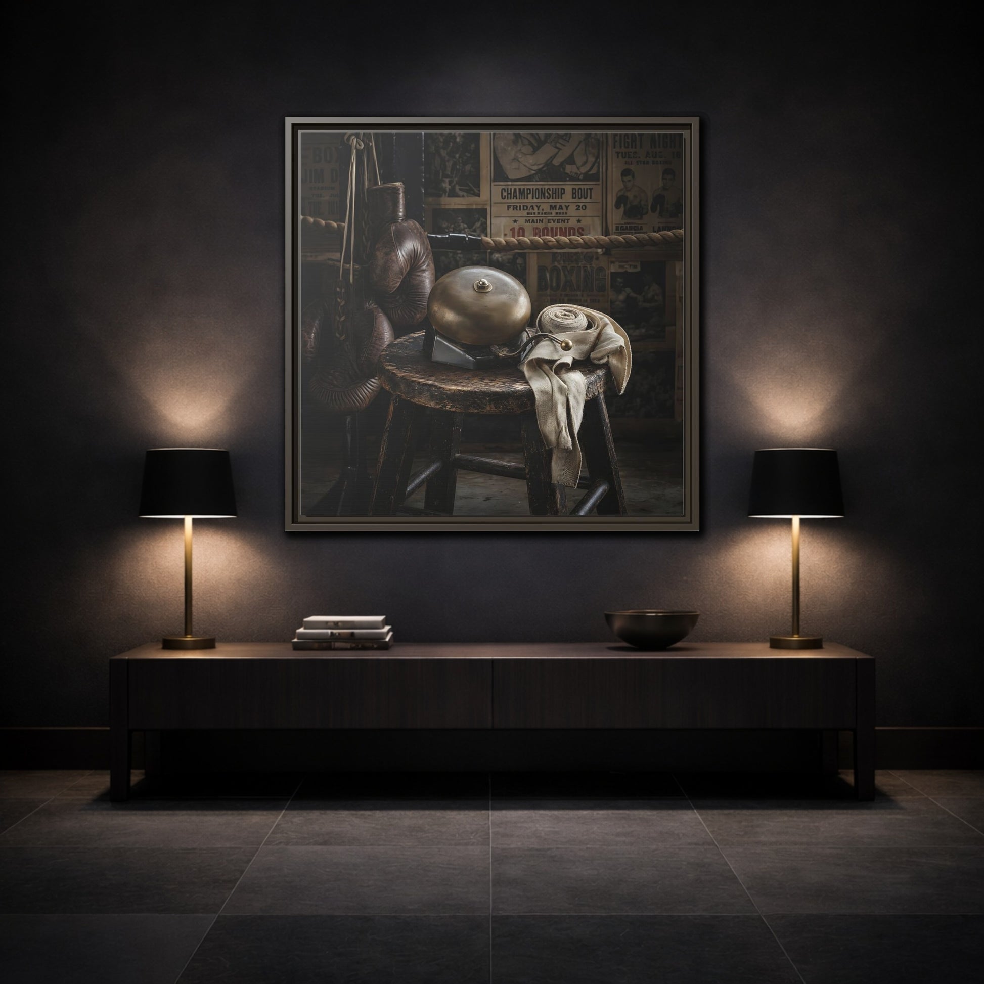 Mockup 3. Vintage Boxing Gym Still Life shown as framed canvas print