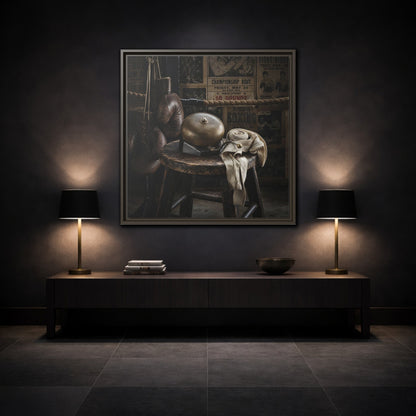 Mockup 3. Vintage Boxing Gym Still Life shown as framed canvas print